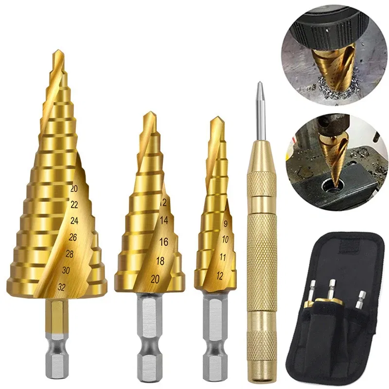Color: Red - 3pcs Spiral Grooved Drill Bits 3-12 4-12 4-20 Drilling Power Tool Metal Stainless Steel Wood Hole Cutter Cone Fast Drill Bit Set