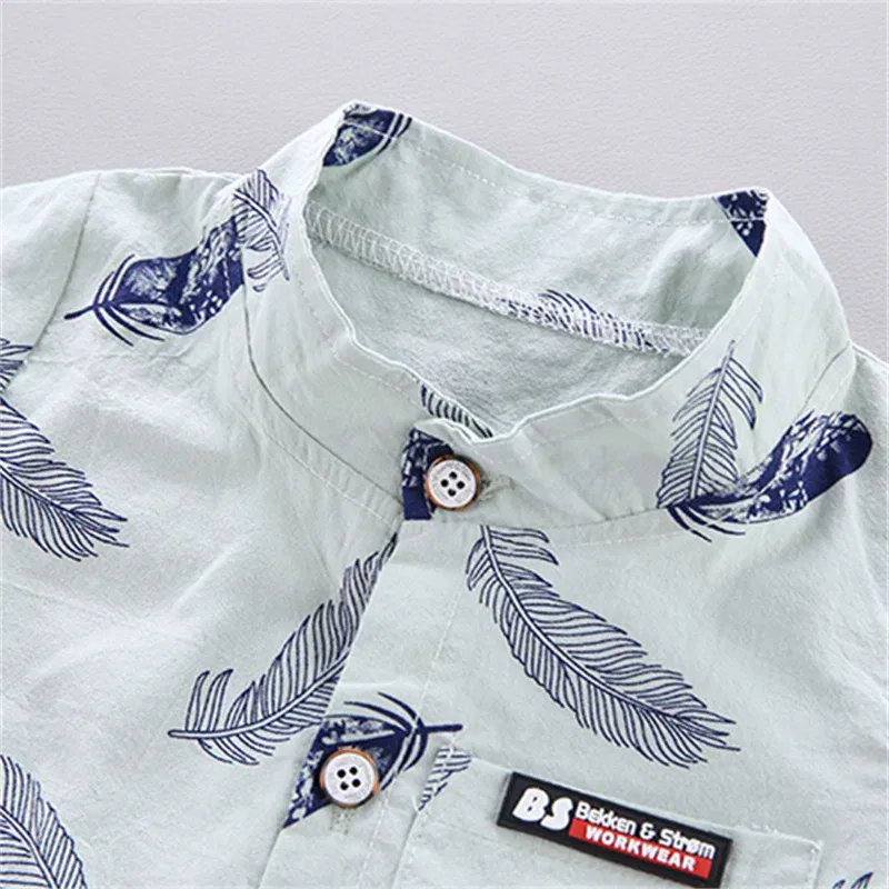Color: Blue, Kid Size: 9M - 0-3 Year Old Baby Summer Feather Print Shirt Short Sleeve Suit