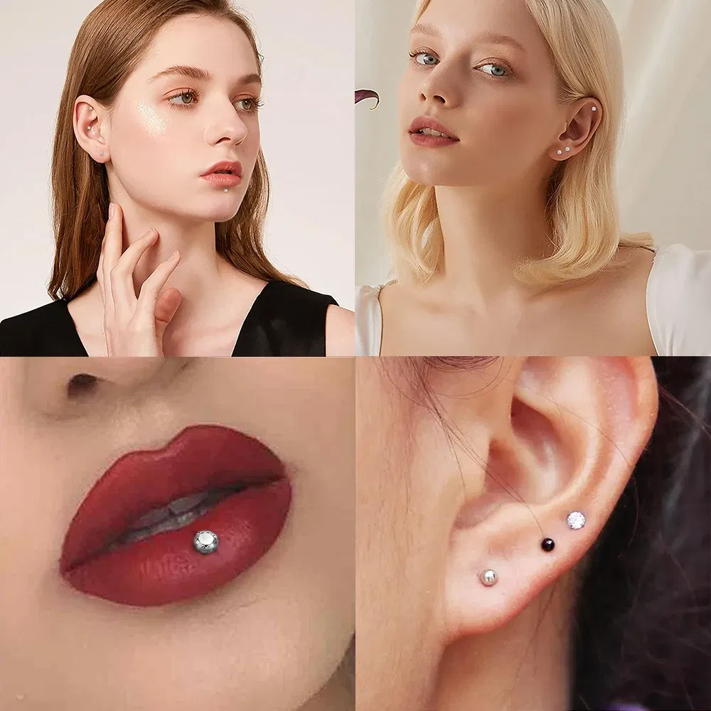 Metal color: SILVER PLATED, Ships From: CHINA, Main Stone Color: GRAY - 10PCS G23 Titanium Labret Piercing Lip Ring 16G F136 Internal Thread Nose Stud Earring Tragus Helix Cartilage Piercing Jewelry