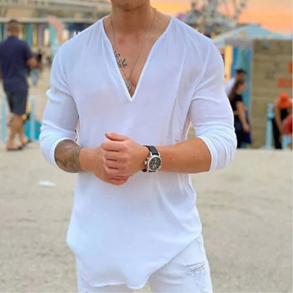 Color: Beige, Size: L, Ships From: CHINA - New men's Casual Shirt Trend Fashion V-Neck Loose Street Style Solid Color Long-Sleeved Pullover Spring And Autumn Tops