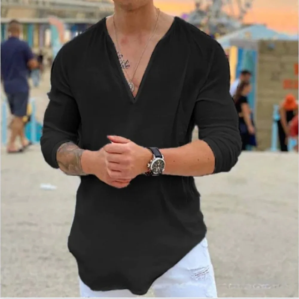 Color: Beige, Size: L, Ships From: CHINA - New men's Casual Shirt Trend Fashion V-Neck Loose Street Style Solid Color Long-Sleeved Pullover Spring And Autumn Tops