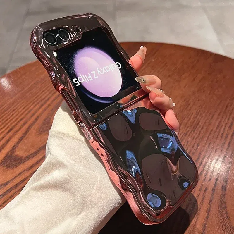 Color: Blue, Material: aluminum - Cartoon Stone Pattern Gloss Wave Case for Samsung Galaxy Z Flip 6 5 flip6 Plating Meteorite Soft TPU Shockproof Ins Korean Cover