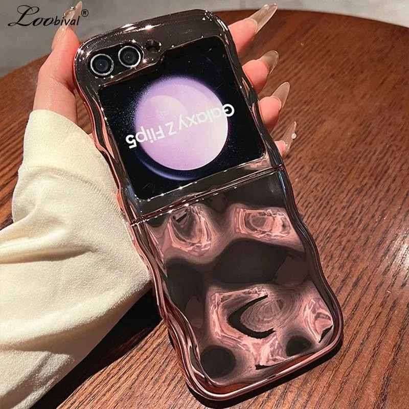 Color: Blue, Material: aluminum - Cartoon Stone Pattern Gloss Wave Case for Samsung Galaxy Z Flip 6 5 flip6 Plating Meteorite Soft TPU Shockproof Ins Korean Cover