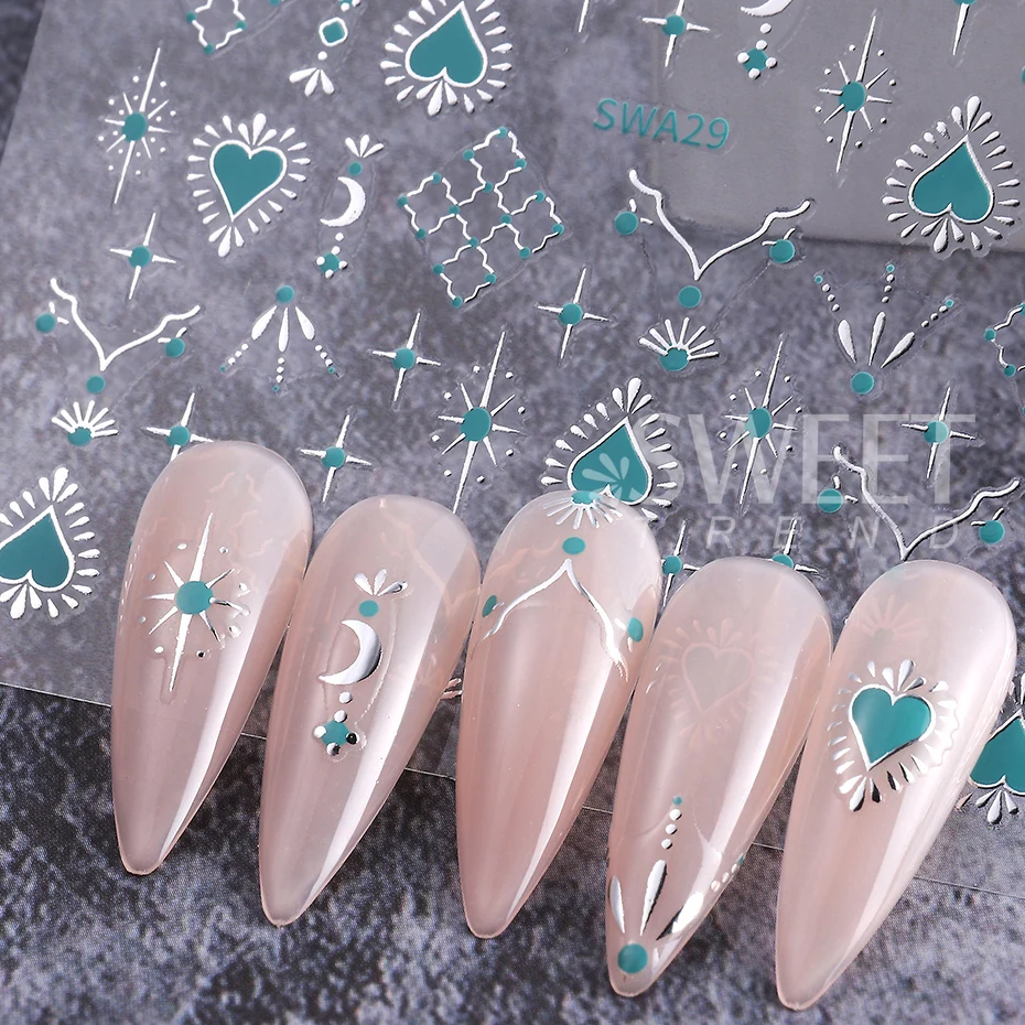 Color: Dark Grey - Metallic Bohemian Style Nail Sticker Gold Silver Lace Lines Green Gem Love Heart 3D Holographic Manicure Sliders Nail Decoration
