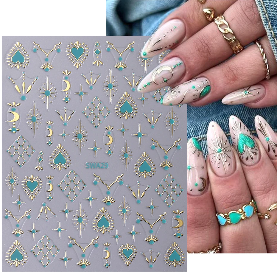 Color: Dark Grey - Metallic Bohemian Style Nail Sticker Gold Silver Lace Lines Green Gem Love Heart 3D Holographic Manicure Sliders Nail Decoration