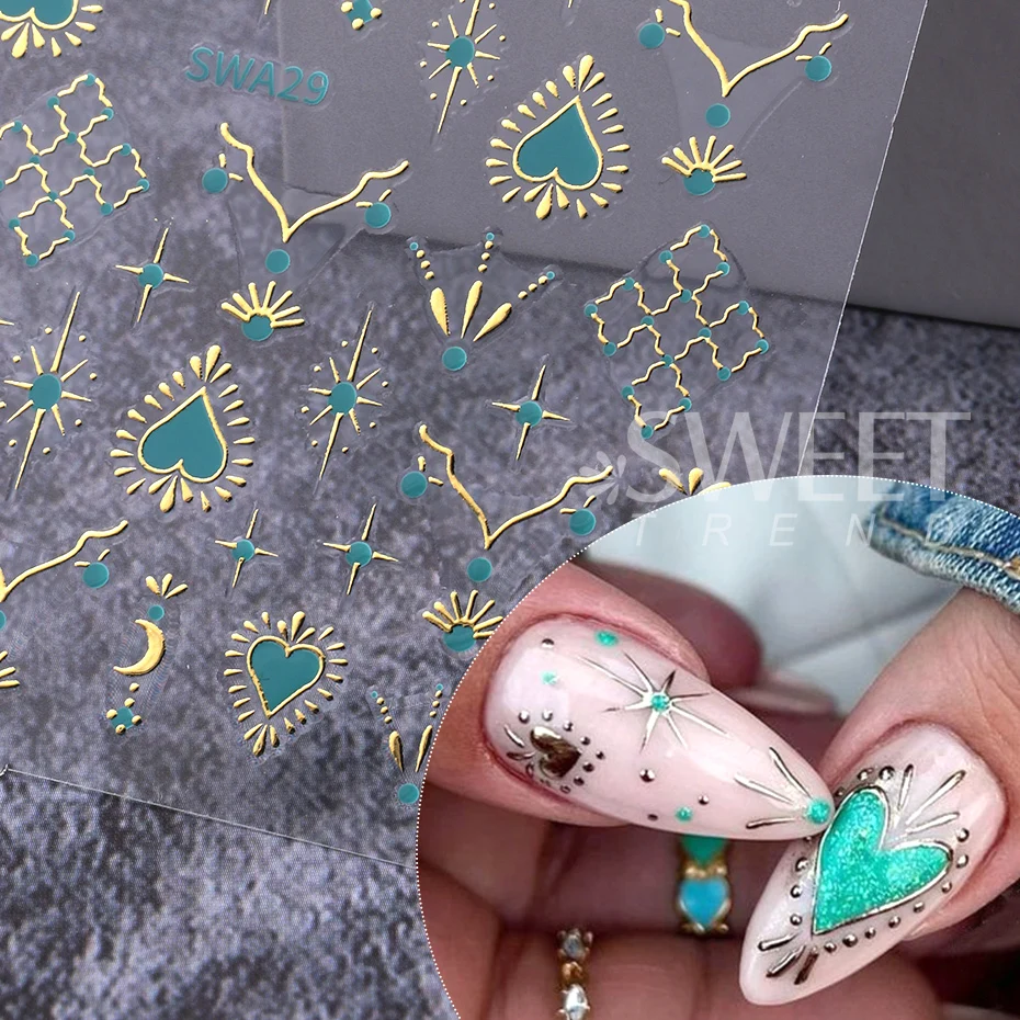 Color: Dark Grey - Metallic Bohemian Style Nail Sticker Gold Silver Lace Lines Green Gem Love Heart 3D Holographic Manicure Sliders Nail Decoration