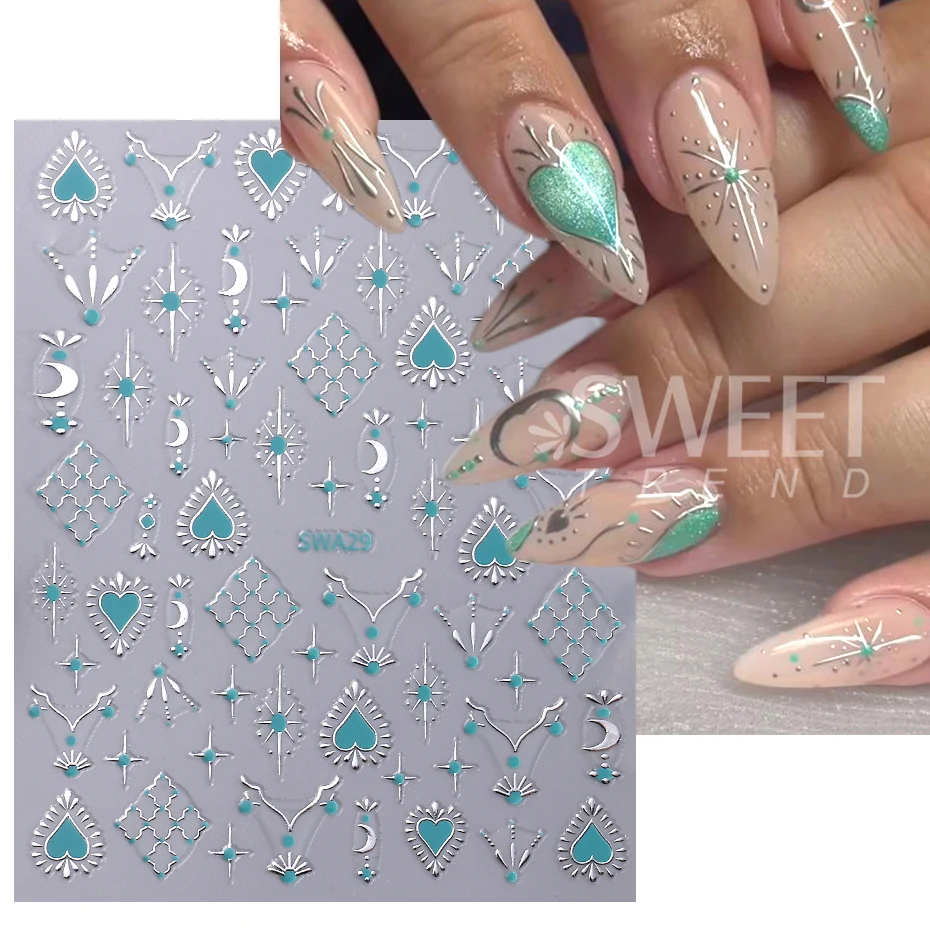 Color: Dark Grey - Metallic Bohemian Style Nail Sticker Gold Silver Lace Lines Green Gem Love Heart 3D Holographic Manicure Sliders Nail Decoration