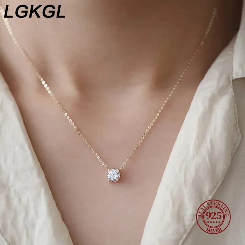 Gem Color: Black, Length: 45cm - LGKGL 925 Sterling Silver 18k Gold Plated Necklaces Versatile Single Sparkling 6mm Zircon Clavicle Chain Female Wedding collars