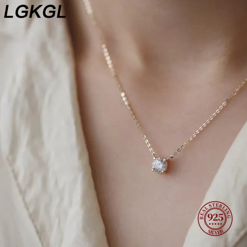 Gem Color: Black, Length: 45cm - LGKGL 925 Sterling Silver 18k Gold Plated Necklaces Versatile Single Sparkling 6mm Zircon Clavicle Chain Female Wedding collars