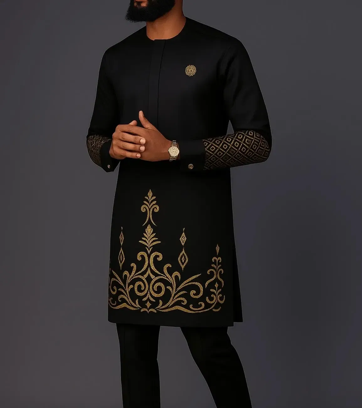 Color: Gold, Size: XL - New Men's Tenos Wedding 2-Piece Suit Waist Pants Shirt Solid Color Panel Long Sleeve Party African Ethnic Style Clothing (M-4XL)