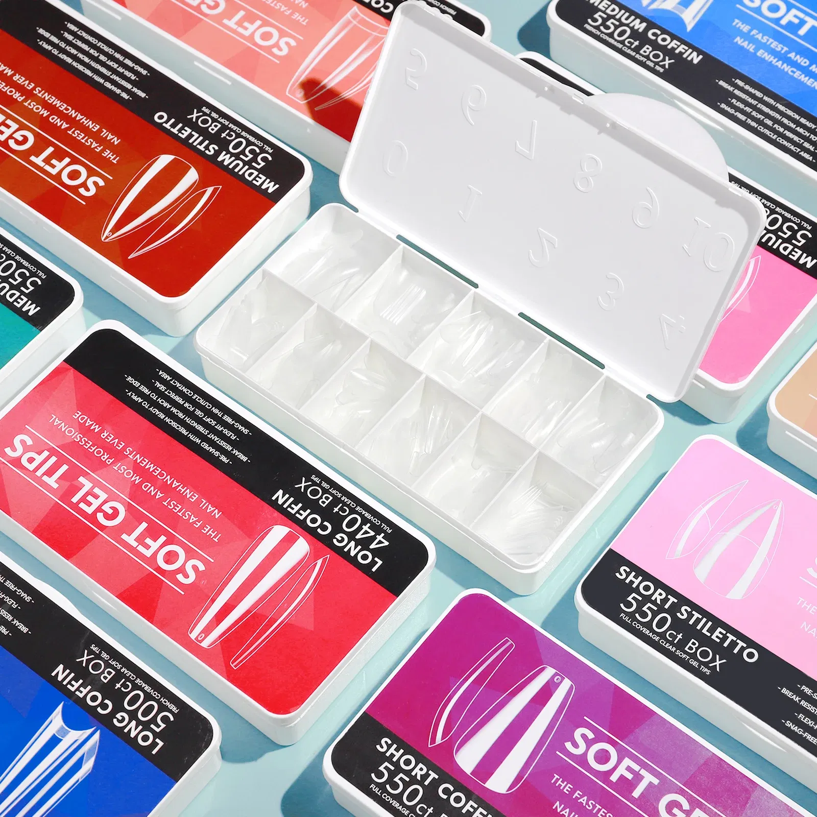 Color: SKY BLUE - 1 Box Clear Acrylic Long Fake Nails Capsules Almond French Coffin Full Half Cover False Nails Artificial Nail Soft Gel Tips