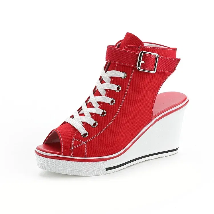 Color: Red, Shoe Size: 40 - Spring Summer Women's Height Increasing Platform Canvas Fish Mouth Shoes Open Toe Hollow Canvas Wedge Shoes Zapatos Para Mujer