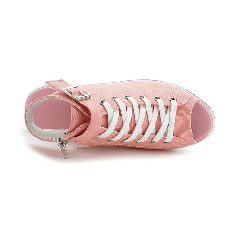 Color: Red, Shoe Size: 40 - Spring Summer Women's Height Increasing Platform Canvas Fish Mouth Shoes Open Toe Hollow Canvas Wedge Shoes Zapatos Para Mujer