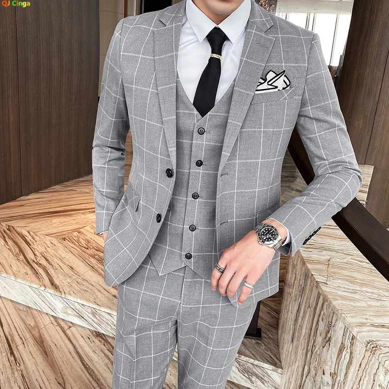 Color: Brown, Size: XL - Gray Men Classic Striped/Checked Suits, Business Office 3 Piece, Asian Size Slim Fit Men Dress Jacket & Pants with Vest, S-4XL