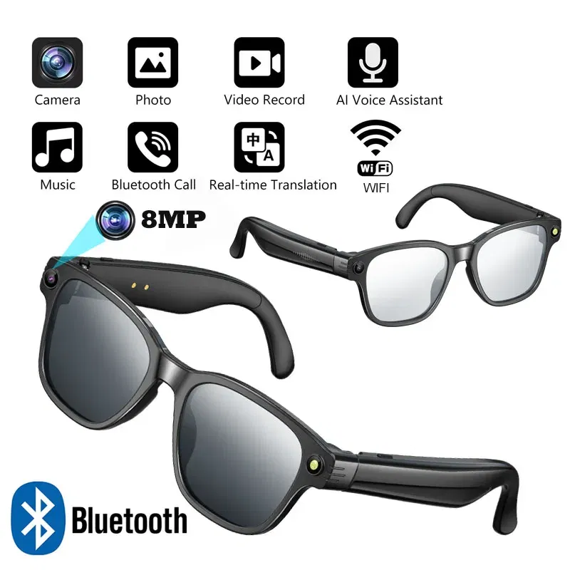 Color Name: black - Smart Glasses With 8M HD camera 1200P anti-shake HD video AI intelligent voice assistant Real-time translation Object recognion
