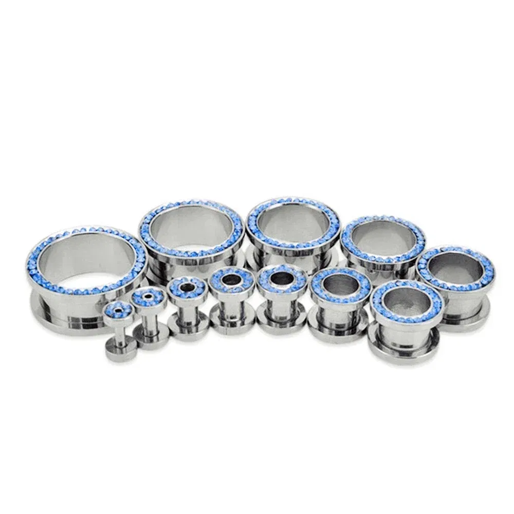 Metal color: Light Yellow Color, Main Stone Color: WHITE - 2pc Steel Multicolour Crystal Ear Plug Flesh Tunnel 8g ( 3mm ) - 1" ( 25mm ) Gauge Expander Stretcher Screw Fit