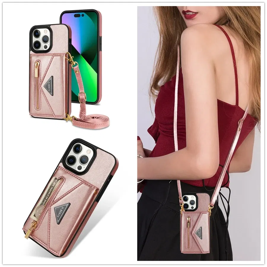 Material: Denim, Color: Brown - Wallet Side Card Zipper Flip Crossbody Leather Case For iPhone 15 14 Pro Max 13 Mini 12 11 SE 2022 2020 X XS XR 8 7 6 6s Plus