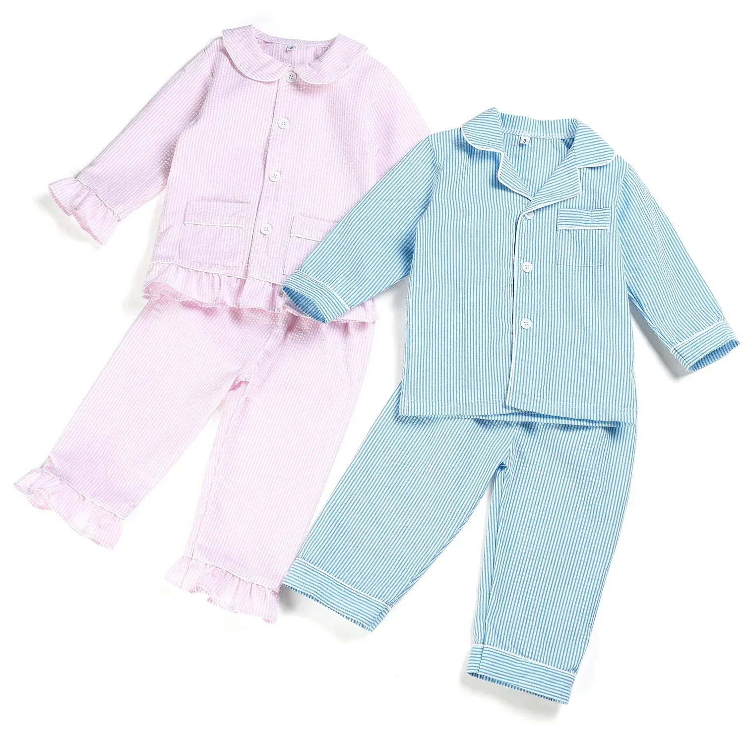 Color: black, Ships From: CHINA, Kid Size: 24M - Ruffkids 100% Cotton Summer Kids Pajamas Sleepwear Seersucker Striped Matching Pjs Boys Clothes Loungewear Girls Pyjamas Set