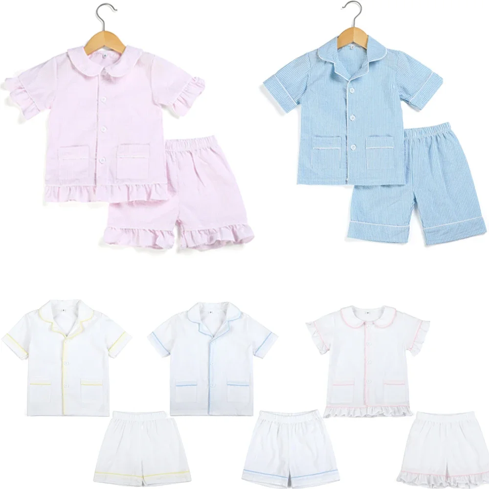 Color: black, Ships From: CHINA, Kid Size: 24M - Ruffkids 100% Cotton Summer Kids Pajamas Sleepwear Seersucker Striped Matching Pjs Boys Clothes Loungewear Girls Pyjamas Set