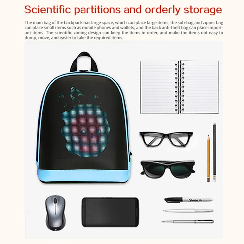 Color: black - School Backpack Led Screen Cell Phone Programming DIY Pattern Lightweight Hard Case  Women Travel Backpack College Backpacks