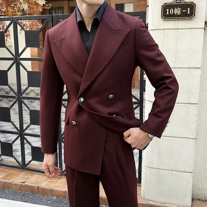 Color: black, Size: XXXL - 2Pieces Jackets+Pants Design High Quality Men's Set Elegant Fashion Double Breasted Thick Wedding Dress Blazers And Trousers Set