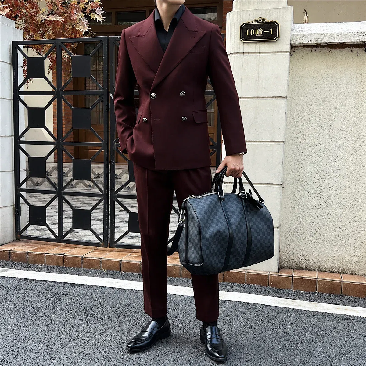 Color: black, Size: XXXL - 2Pieces Jackets+Pants Design High Quality Men's Set Elegant Fashion Double Breasted Thick Wedding Dress Blazers And Trousers Set