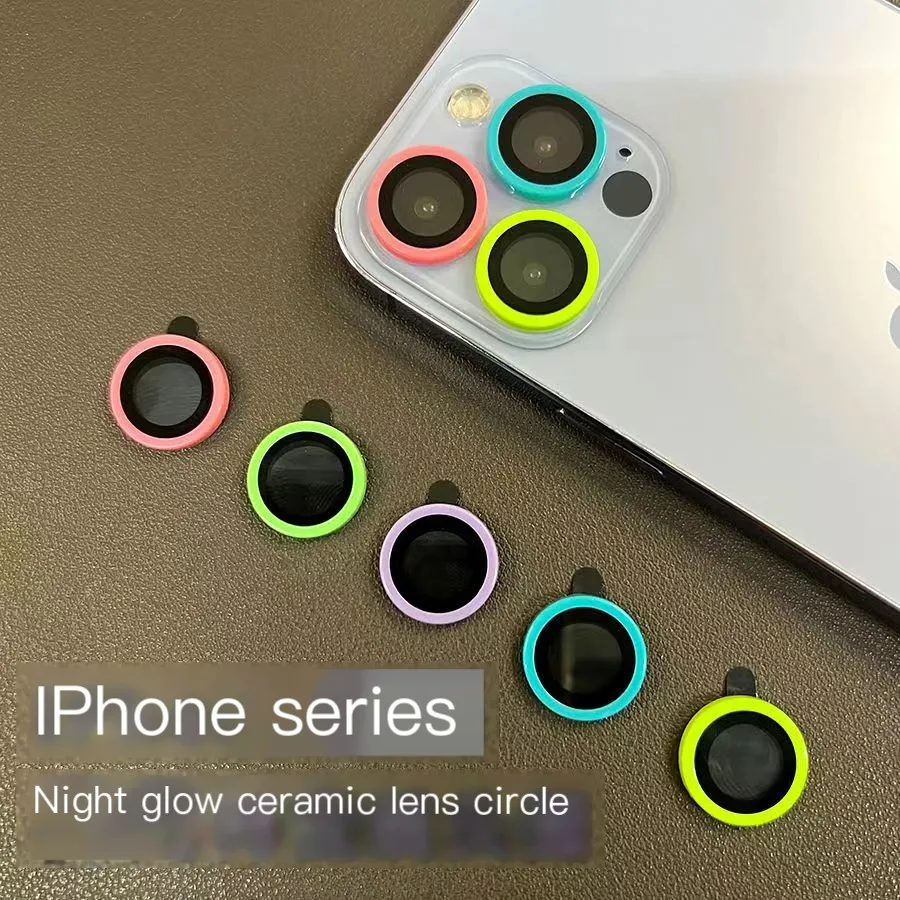 Color: Blue, Bundle: Bundle5, Material: Tempered Glass, Ships From: CHINA - For iPhone 15 14 13 12 Pro Max 12 11 mini Luminous Camera Protector Ceramic Lens Ring Tempered Glass Back lens Cap Cover