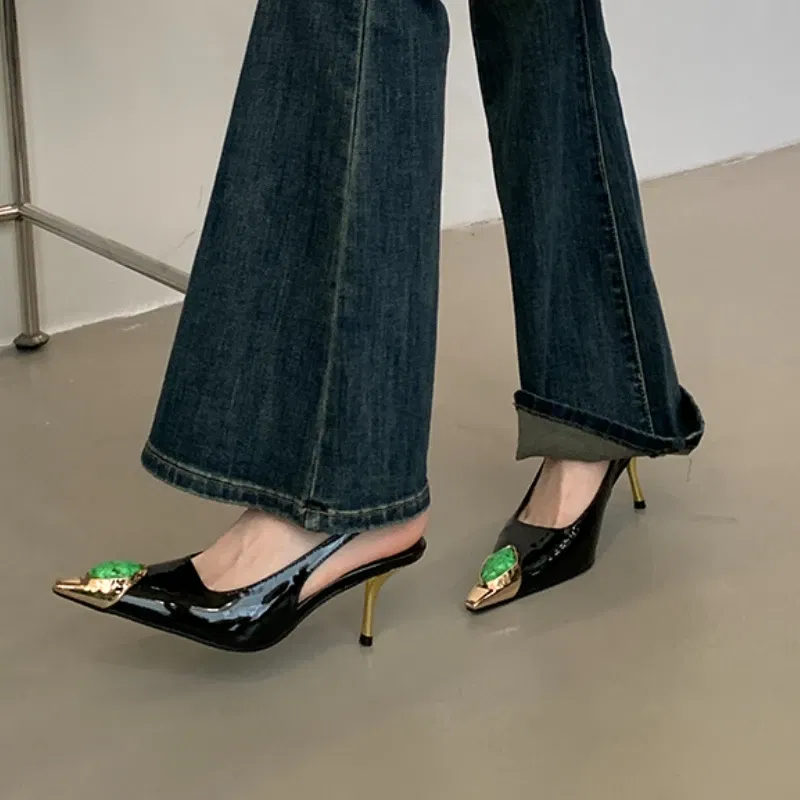 Color: Dark Grey, Shoe Size: 38 - Sexy Women's High Heels Mules 2025 New Fashion Pointed Dress Women's Shoes Open Heel Party High Heels Striptease Sandals Women