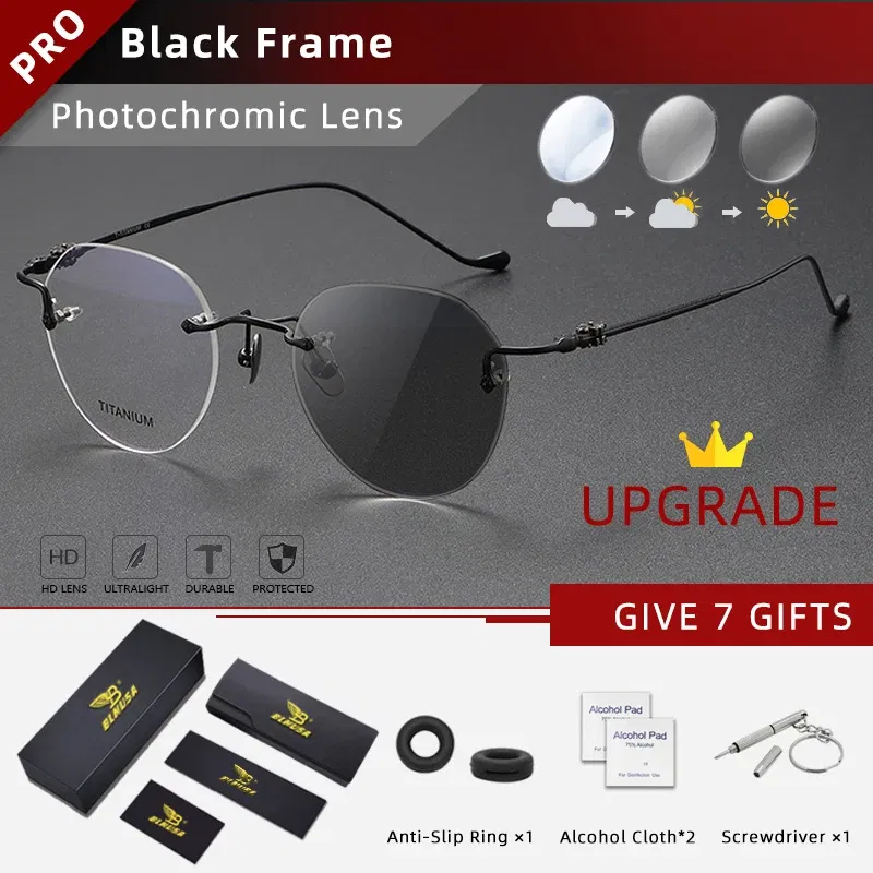Frame Color: GRAY, Eye Prescription: +175 - BLMUSA Pure Titanium Rimless Anti-blue Light Reading Glasses for Men Round Photochromic Optical Prescription with MR-8 lens