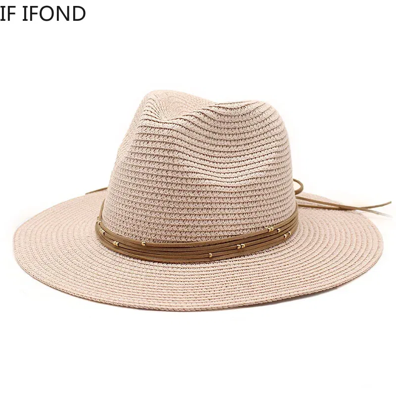 Color: black, Size: L - Big Size 60CM New Straw Hat 7cm Brim Summer Cooling Beach Sun Hat Outdoor Party Panama Jazz Hat Sombreros De Mujer