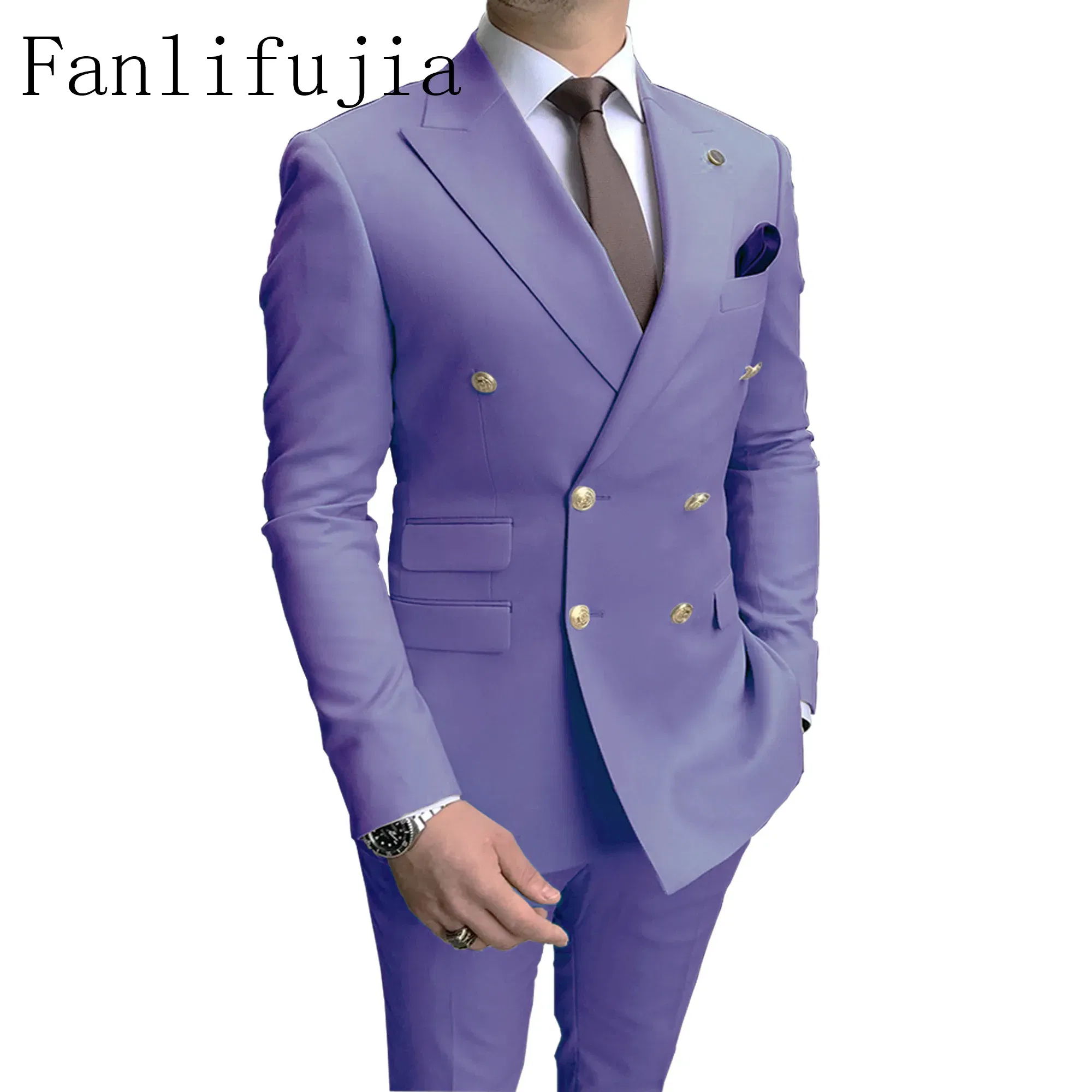 Color: Khaki, Size: XXL - Fanlifujia Store 2024 Casual Sky Blue Men Suits Double Brested Peak Lapel  Gold Button Groom Wedding Tuxedos Best Costume Homme
