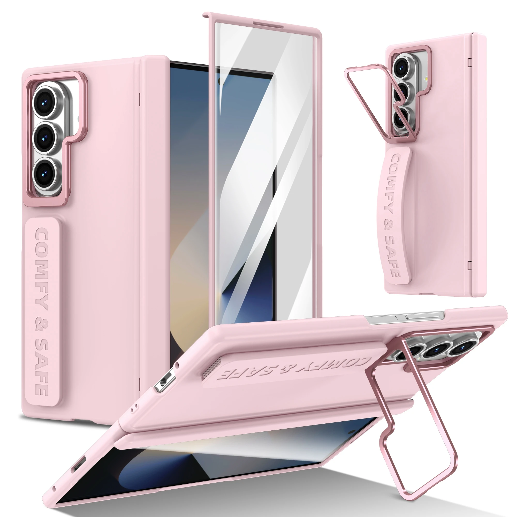 Color: Blue, Material: CANVAS - For Samsung Galaxy Z Fold 7 6 5 4 3 Wristband Hinge Lens Holder Phone Case Outer Screen Glass Film Protection Shockproof Cover