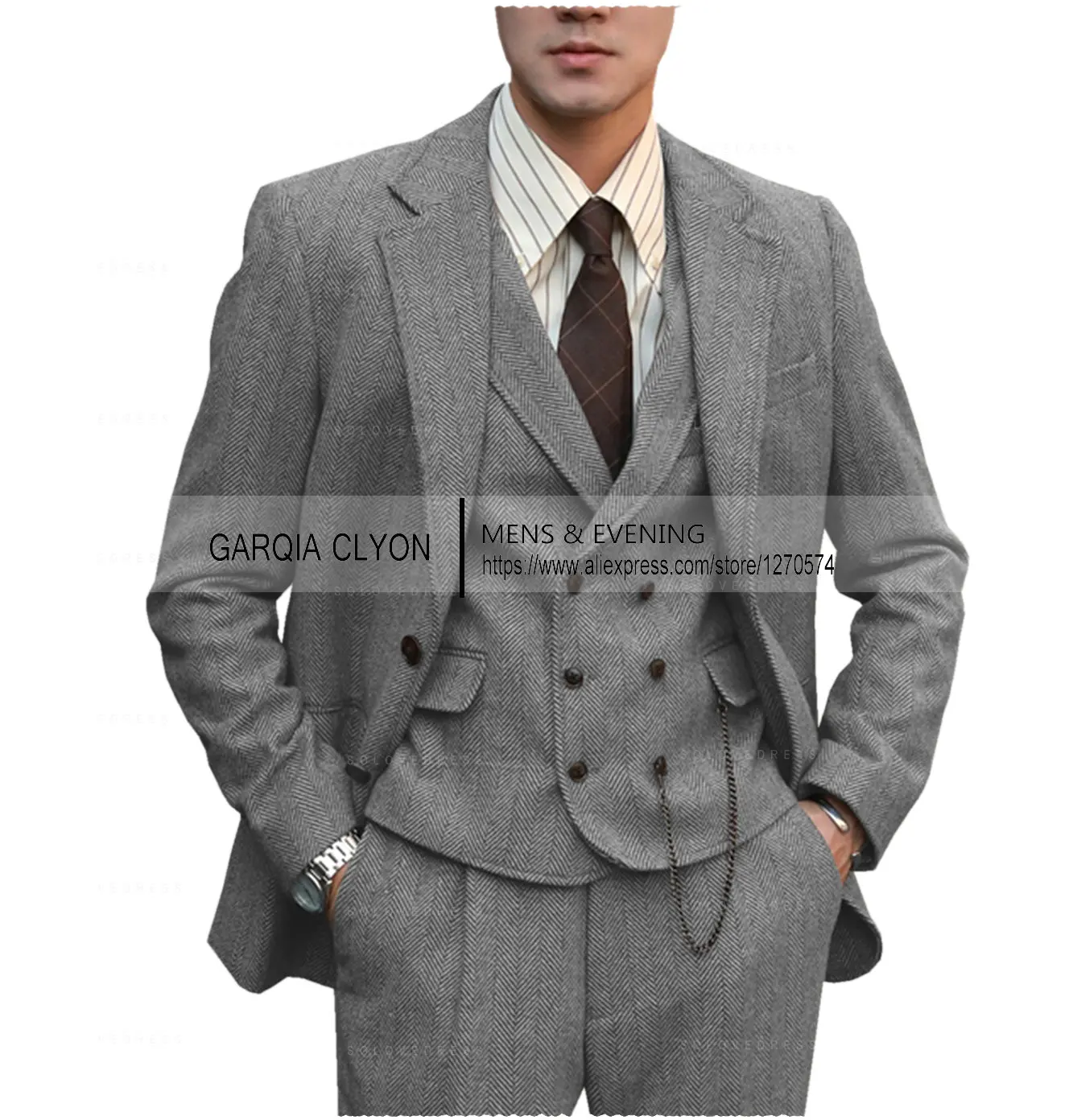 Color: Khaki, Size: One Size - Tweed Herringbone 3 Pieces Herringbone Men's Business Suits Single Breasted Slim Fit Groom  Formal Suits?€Blazer+vest+Pants?‰