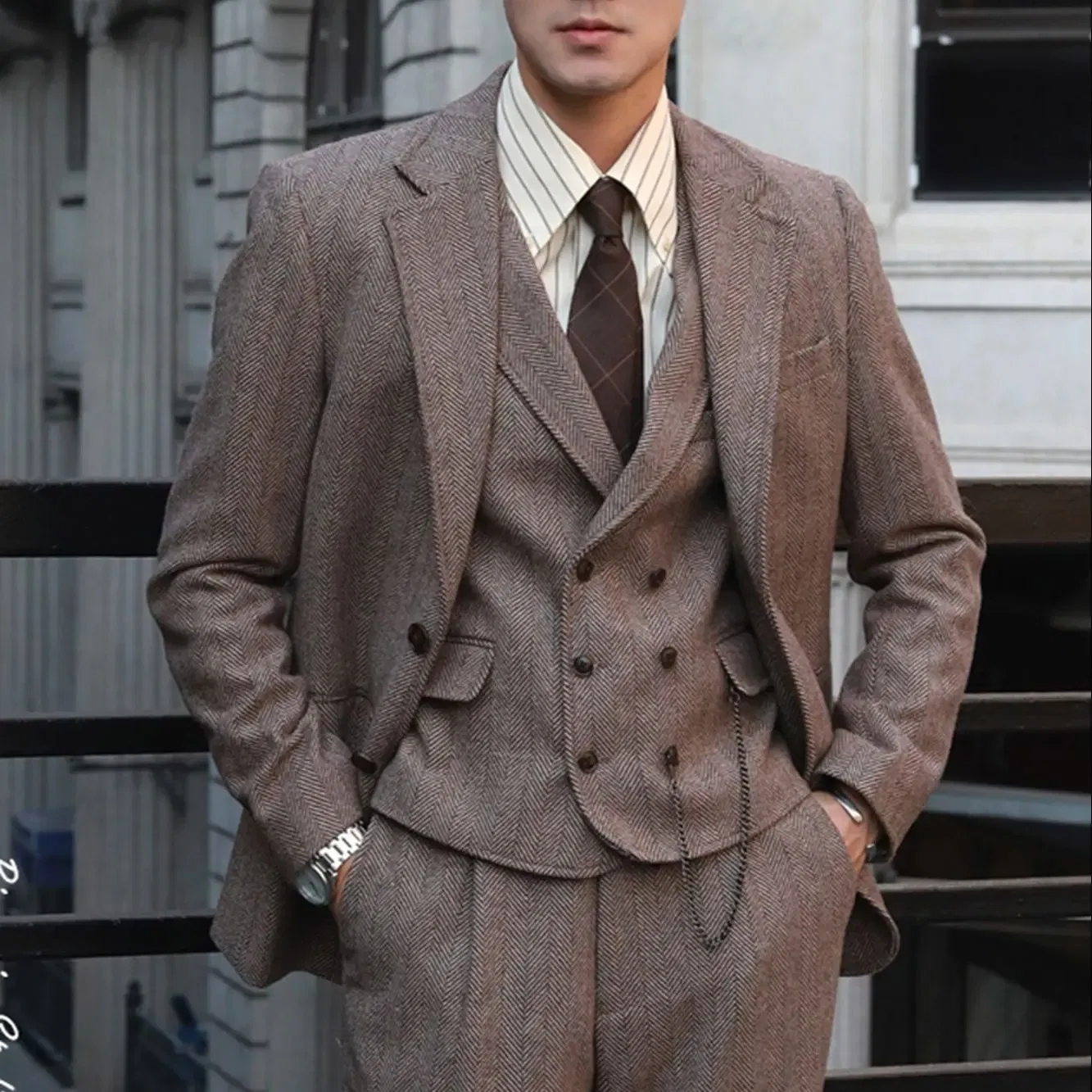 Color: Khaki, Size: One Size - Tweed Herringbone 3 Pieces Herringbone Men's Business Suits Single Breasted Slim Fit Groom  Formal Suits?€Blazer+vest+Pants?‰