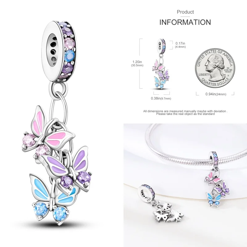 Color: Yellow - Pink Series Charms 925 Silver Perfume Butterfly Charm Beads Pendent Dangle Fit Original Pandora Charm Bracelet DIY Women Jewelr