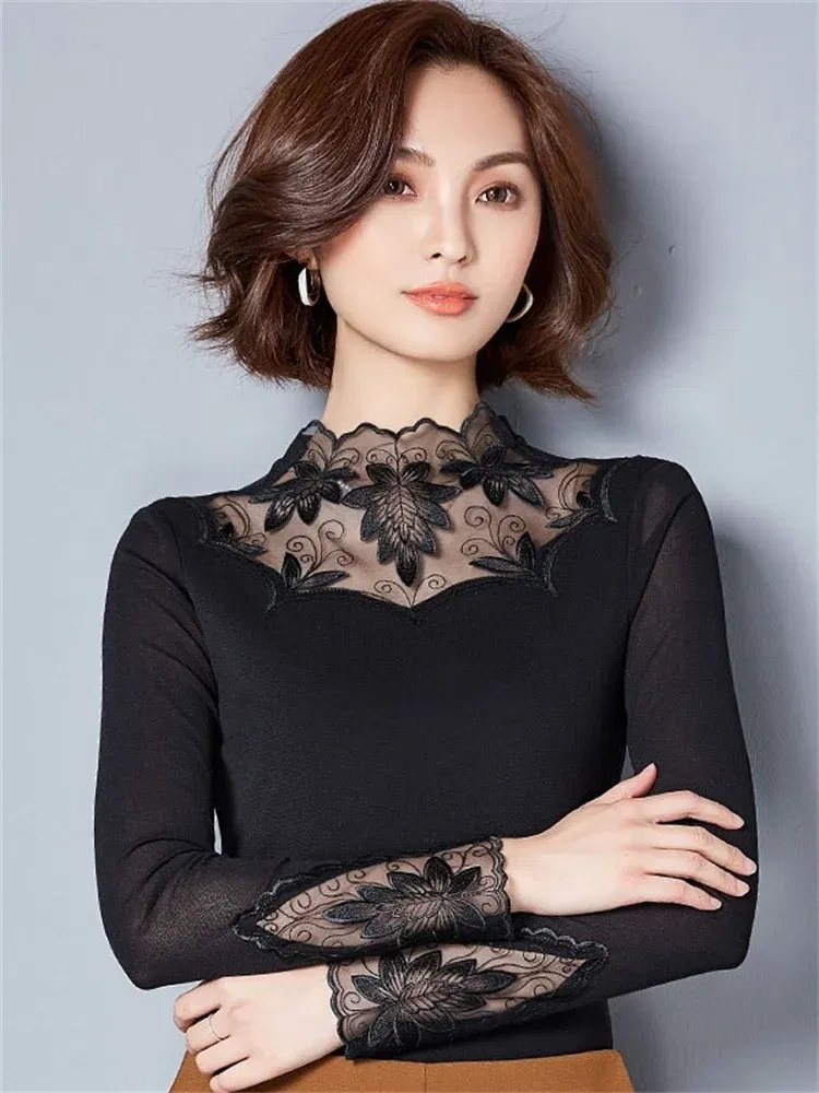 Color: Khaki, Size: M - Hollow Out Women Spring Autumn Style Lace Blouses Shirts Casual Long Sleeve Patchwork Spliced Turtleneck Blusas Tops DF1491