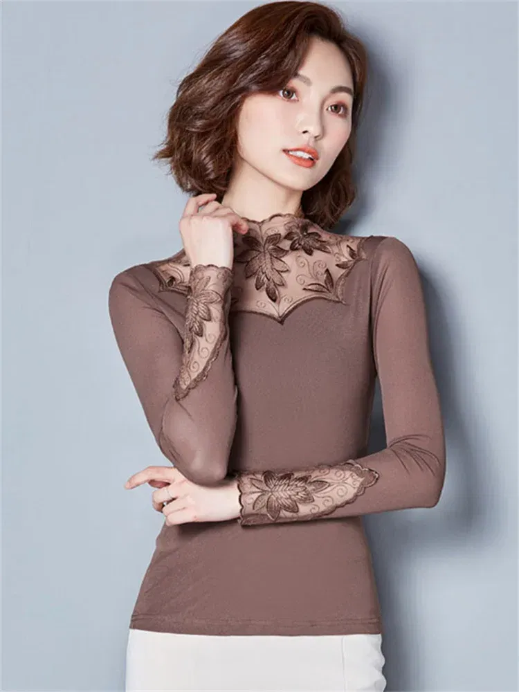 Color: Khaki, Size: M - Hollow Out Women Spring Autumn Style Lace Blouses Shirts Casual Long Sleeve Patchwork Spliced Turtleneck Blusas Tops DF1491