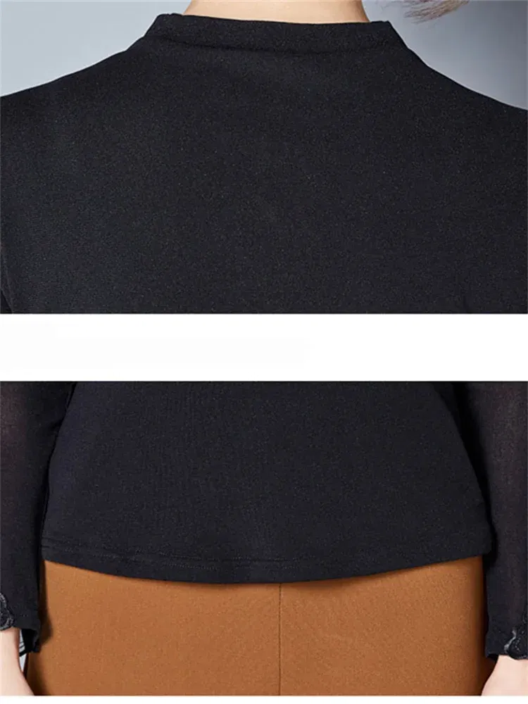 Color: Khaki, Size: M - Hollow Out Women Spring Autumn Style Lace Blouses Shirts Casual Long Sleeve Patchwork Spliced Turtleneck Blusas Tops DF1491