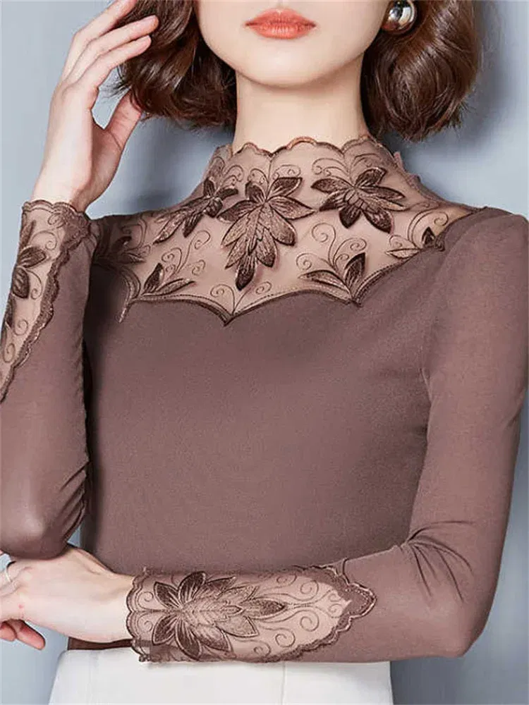 Color: Khaki, Size: M - Hollow Out Women Spring Autumn Style Lace Blouses Shirts Casual Long Sleeve Patchwork Spliced Turtleneck Blusas Tops DF1491