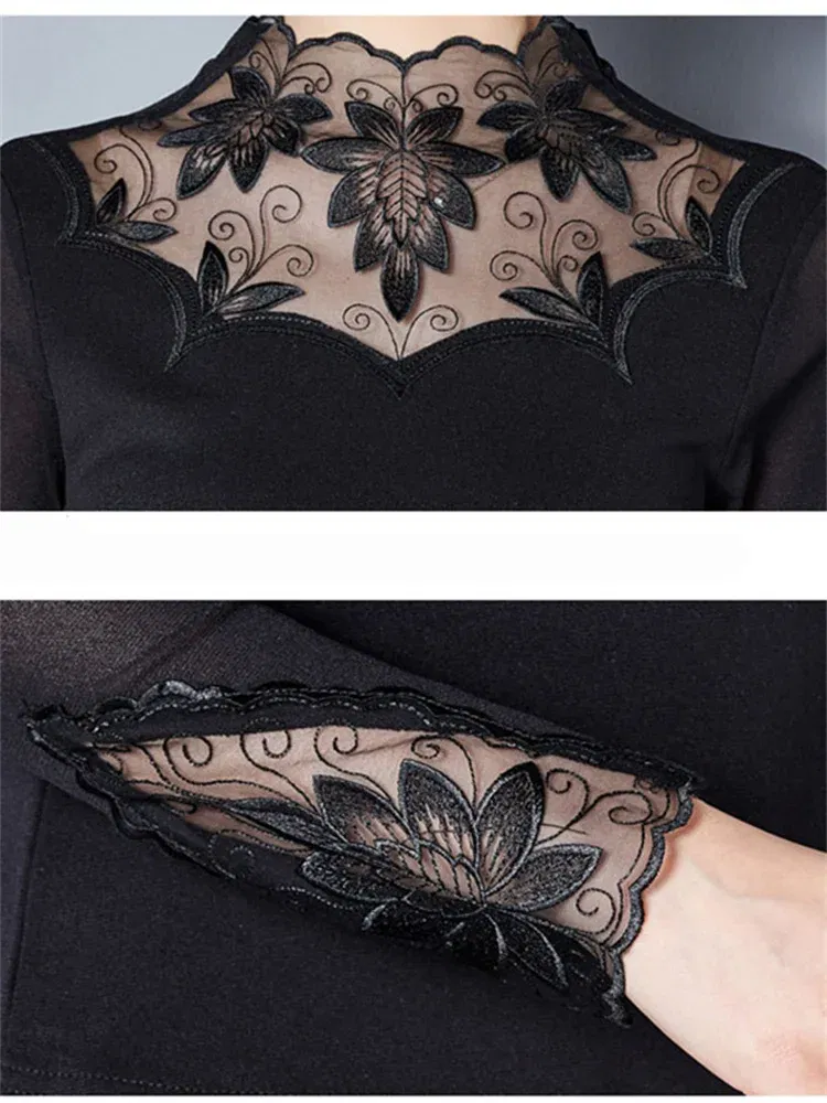Color: Khaki, Size: M - Hollow Out Women Spring Autumn Style Lace Blouses Shirts Casual Long Sleeve Patchwork Spliced Turtleneck Blusas Tops DF1491