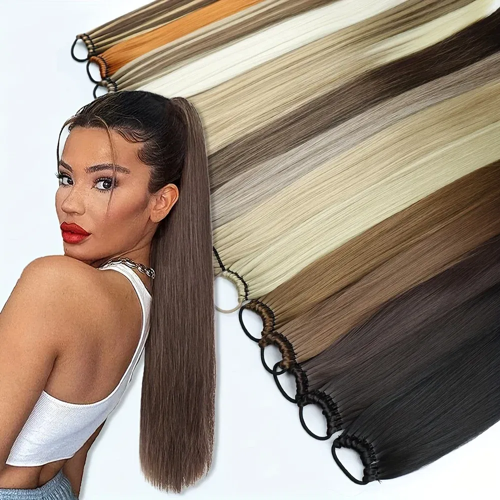 Color: P1B/613, Ships From: CHINA, Stretched Length: 24inches - Synthetic 24Inch Ponytail Extensions Black Natural Braided Pony Tail Hairpiece Long Straight Rubber Band Hair For Women