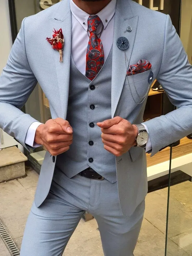 Color: Blue, Size: L, Ships From: CHINA - 3 Pieces New White Men's Suit 2022  Peak Lapel Slim Fit Casual Tuxedos Groom Tailor Made Terno Masculino (Blazer+Pants+Vest)
