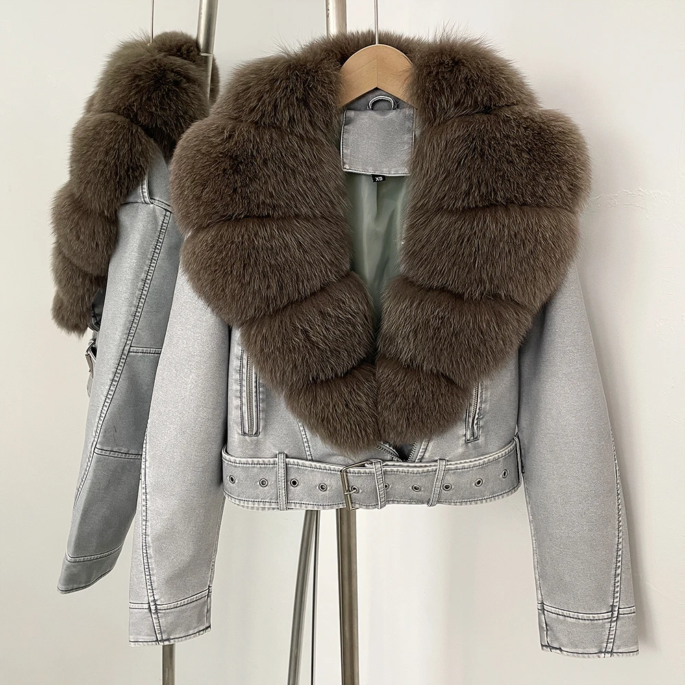 Color: Yellow, Size: L - Fake Leather Coat New Natural Fox Fur Autumn Short Faux Leather Jacket Female Spring PU Women Long Sleeve Real Fur Coat Thin