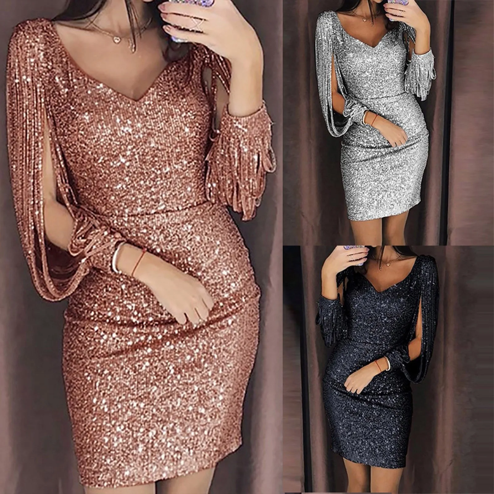 Color: Khaki, Size: S, Ships From: CN - 2024 New Women Sexy Dresses Glitter Sparkly Sequin Tassel Sleeves V Neck Club Mini Skinny Sundress Elegant Ladies Party Dresses