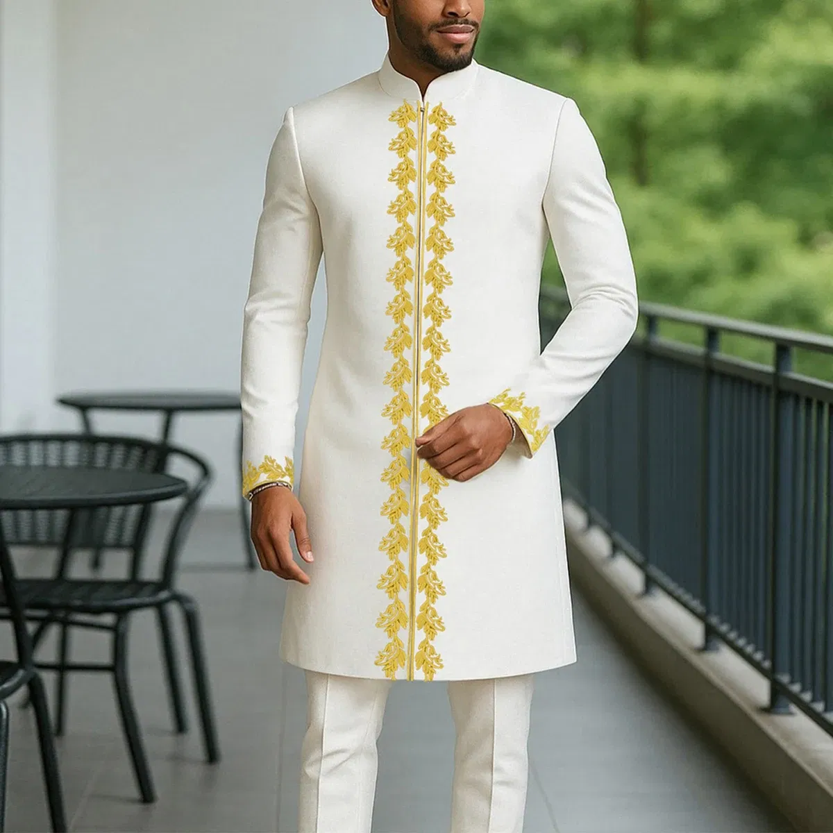 Color: Brown, Size: M - 2025 New men's suit, white pocket, 2-piece set, luxury wedding casual suit, traditional African style of ethnic minorities