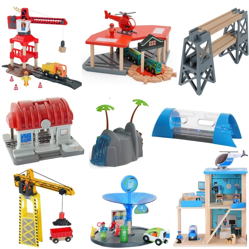 Color: Silver - Wooden Train Track Railway Bridge Tunnel Accessories Fit  Police Station Scene for Brio Wood Train Pieces Educational Toys