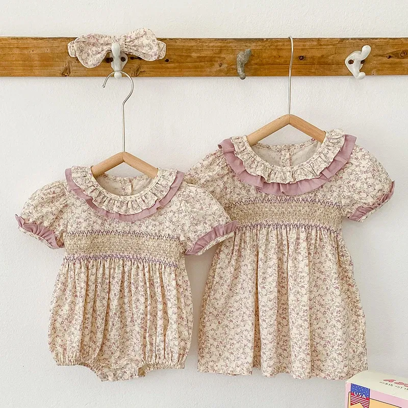 Color: MULTI, Kid Size: 6M - 2024 New Summer Kids Princess Dresses Short Sleeved Cotton Print Baby Girl Party Dress Infant Girl Romper Sister Clothing