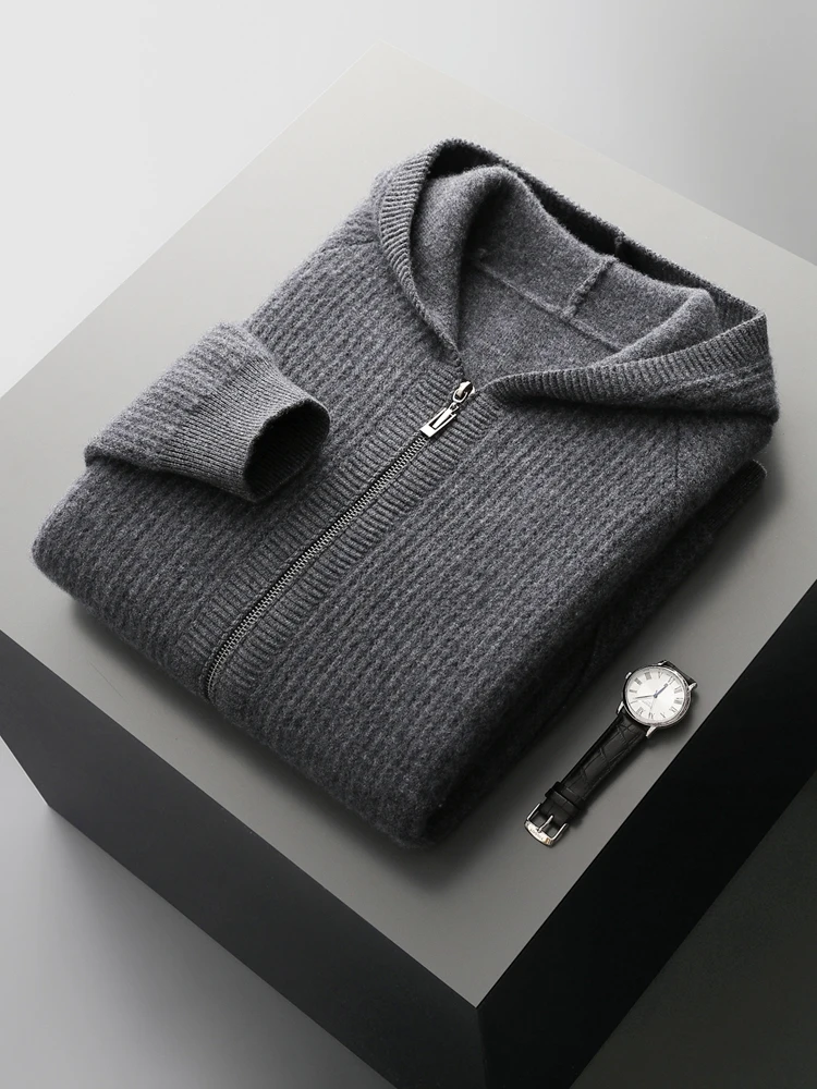 Color: Dark Grey, Size: M - Daily Clothes Autumn Winter Sweater Men's Coat 100% Merino Wool Sweater Cardigan Knitted Jacket Thicked Hooded Outerwears Trend