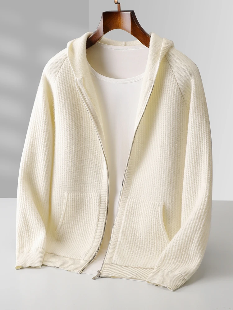 Color: Dark Grey, Size: M - Daily Clothes Autumn Winter Sweater Men's Coat 100% Merino Wool Sweater Cardigan Knitted Jacket Thicked Hooded Outerwears Trend
