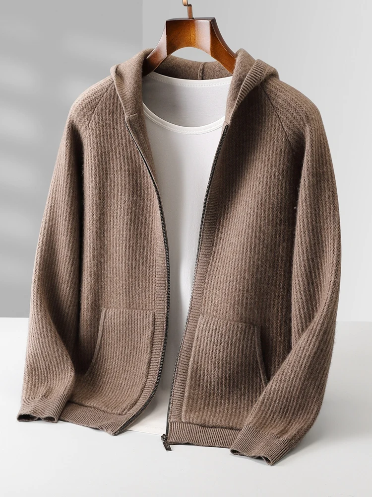 Color: Dark Grey, Size: M - Daily Clothes Autumn Winter Sweater Men's Coat 100% Merino Wool Sweater Cardigan Knitted Jacket Thicked Hooded Outerwears Trend